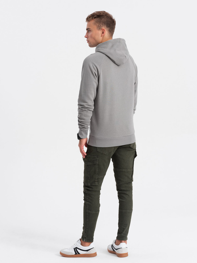 Men's non-stretch hooded sweatshirt with print - grey V2 OM-SSPS-0153