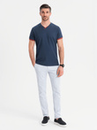 Men's T-shirt with contrasting inserts and v-neck - navy blue V1 OM-TSCT-0198