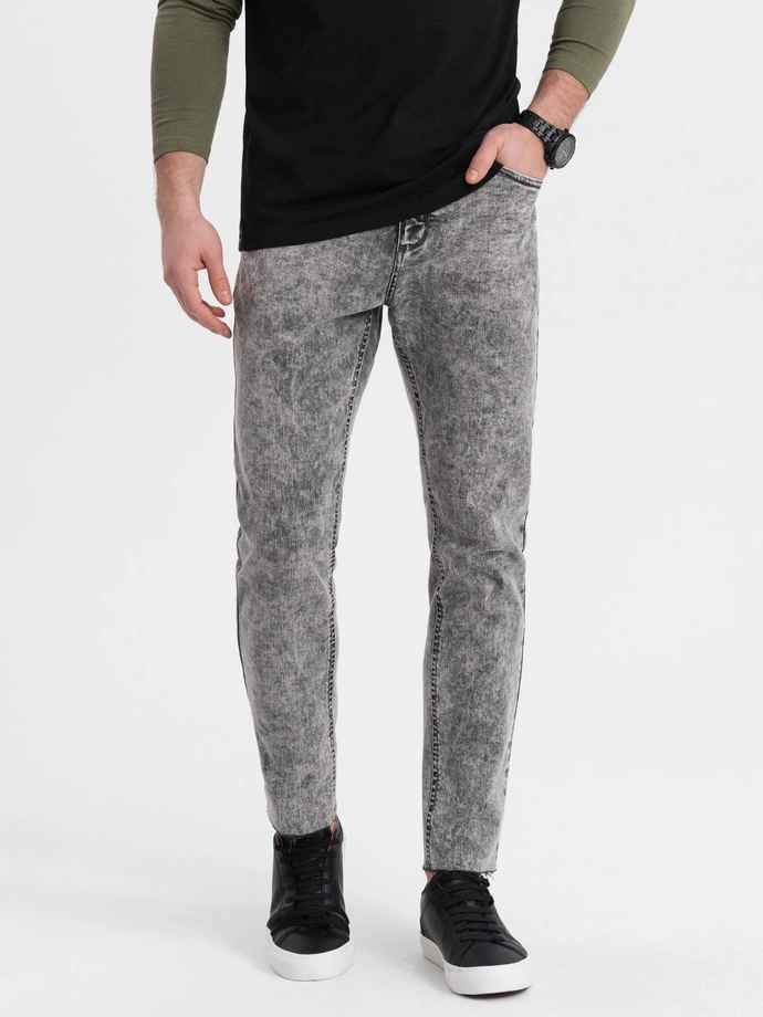 Men's marbled denim pants with raw-leg SLIM FIT - grey V1 OM-PADP-0146