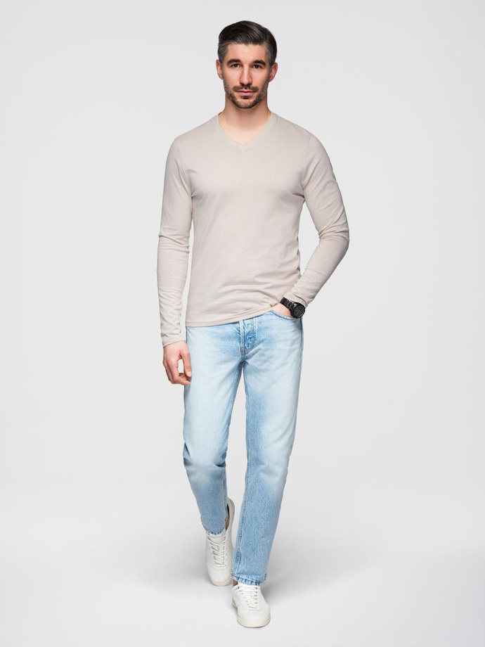 Men's unprinted longsleeve with v-neck - light beige V1 OM-LSBL-0108