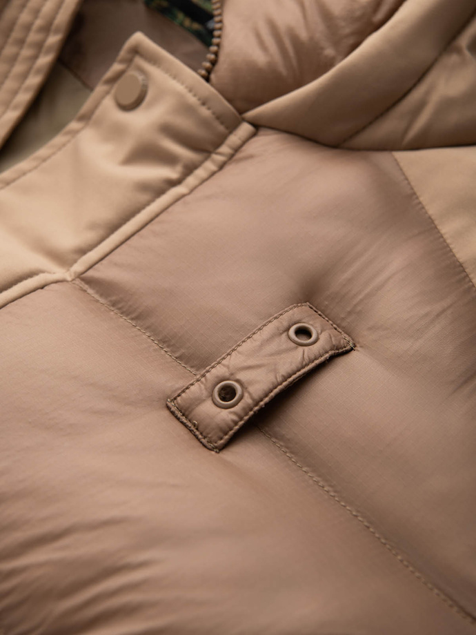 Vyriška ilga dygsniuota striukė su didelėmis kišenėmis - smėlio spalvos V2 OM-JALJ-0165