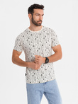 Tricou din bumbac imprimat cu decolteu rotund - crem V1 OM-TSFP-0225