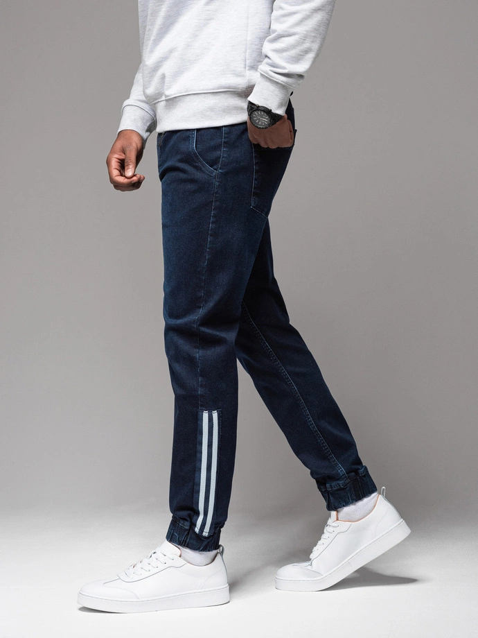 Men's denim joggers with piping - dark blue V4 OM-PADJ-0156