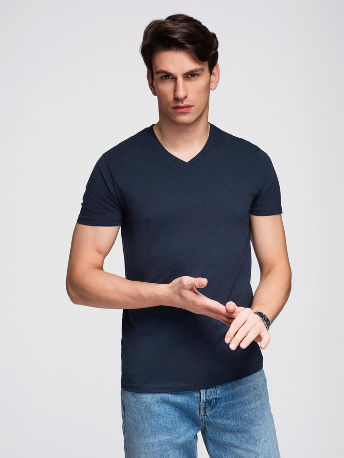 Men's BASIC classic cotton T-shirt with a v-neck - navy blue V2 OM-TSBS-0237