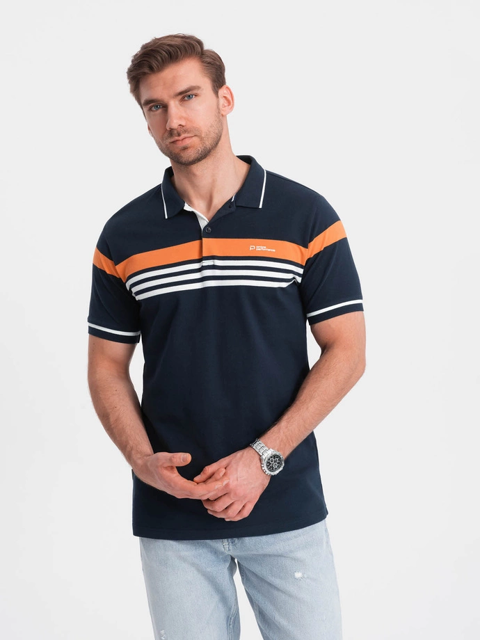 Fitted men's polo shirt with two-tone stripes - navy blue V1 OM-POSS-0127