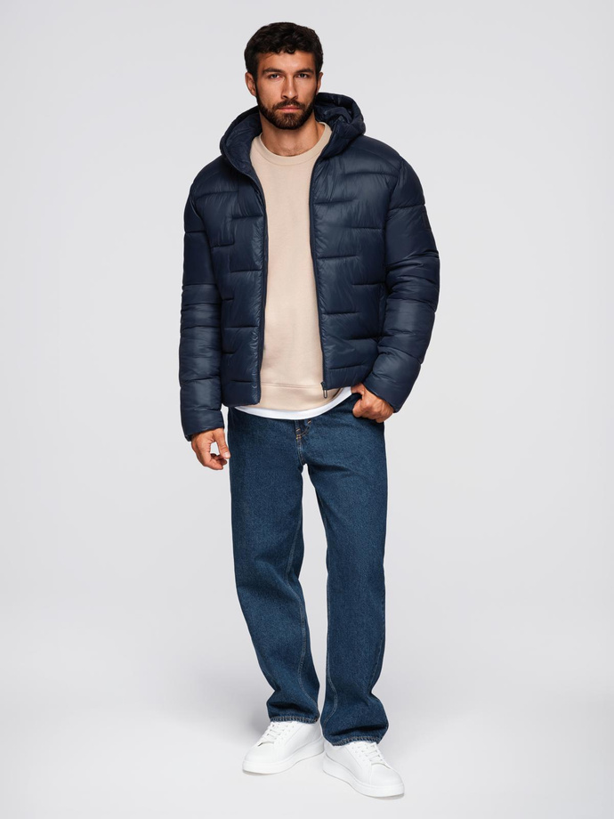 Men's quilted puffer jacket with hood - navy blue V4 OM-JAHP-0235