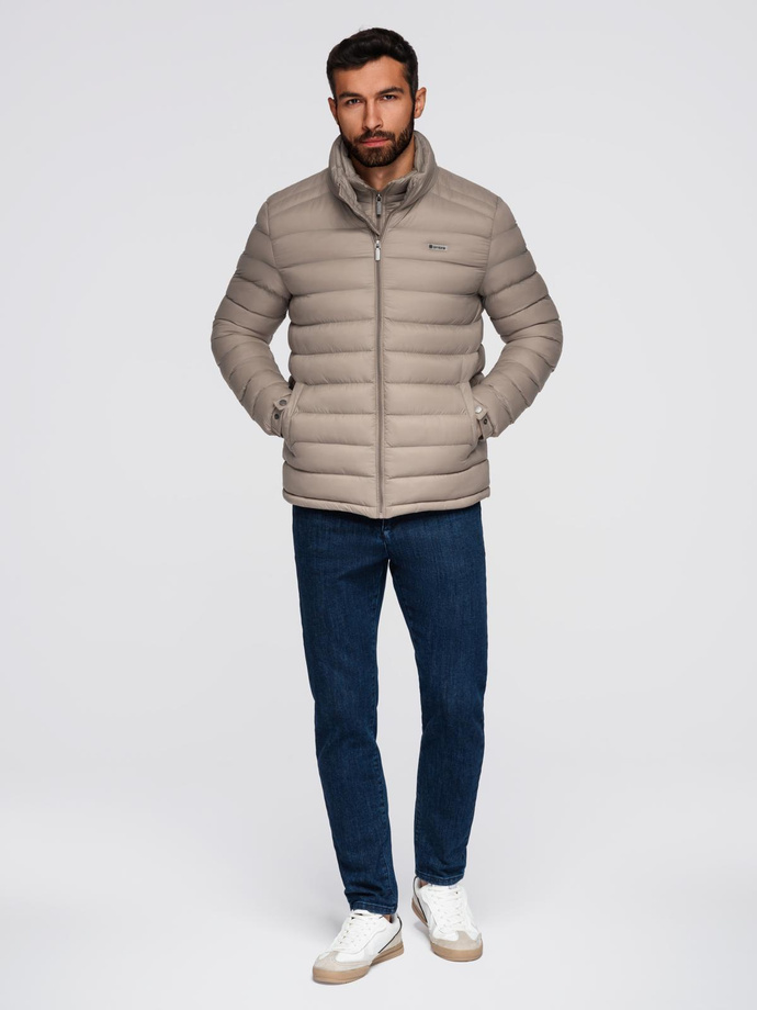 Men's quilted jacket with two fasteners - dark beige V4 OM-JALP-0231