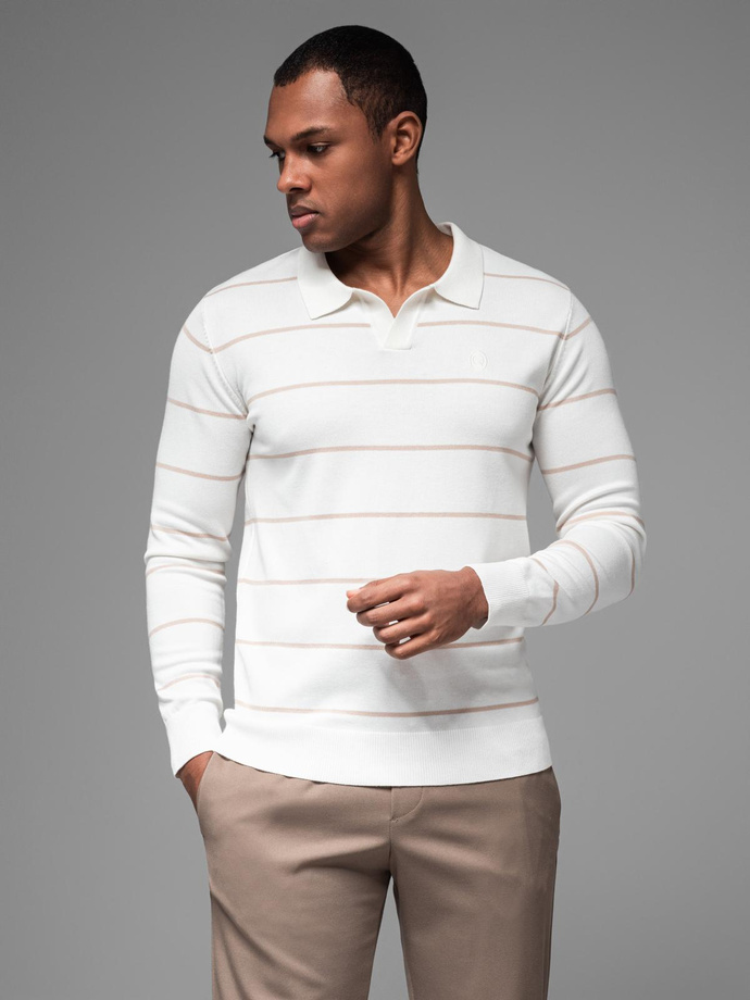 Men's horizontal striped polo longsleeve with viscose - white and beige V4 OM-POLS-0146