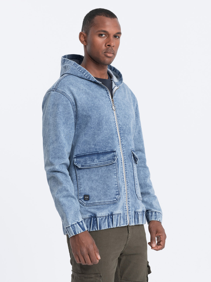 Jachetă katana din denim pentru bărbați cu buzunare cargo și glugă - albastru V3 C558