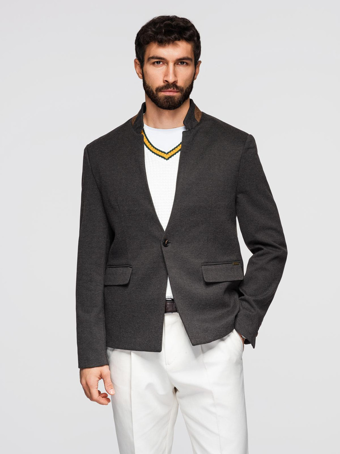 Men's melange rayon jacket with stand-up collar - black melange V5 OM-BLZB-0131