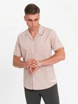 Men's short sleeve shirt with Cuban collar - light brown V6 OM-SHSS-0168