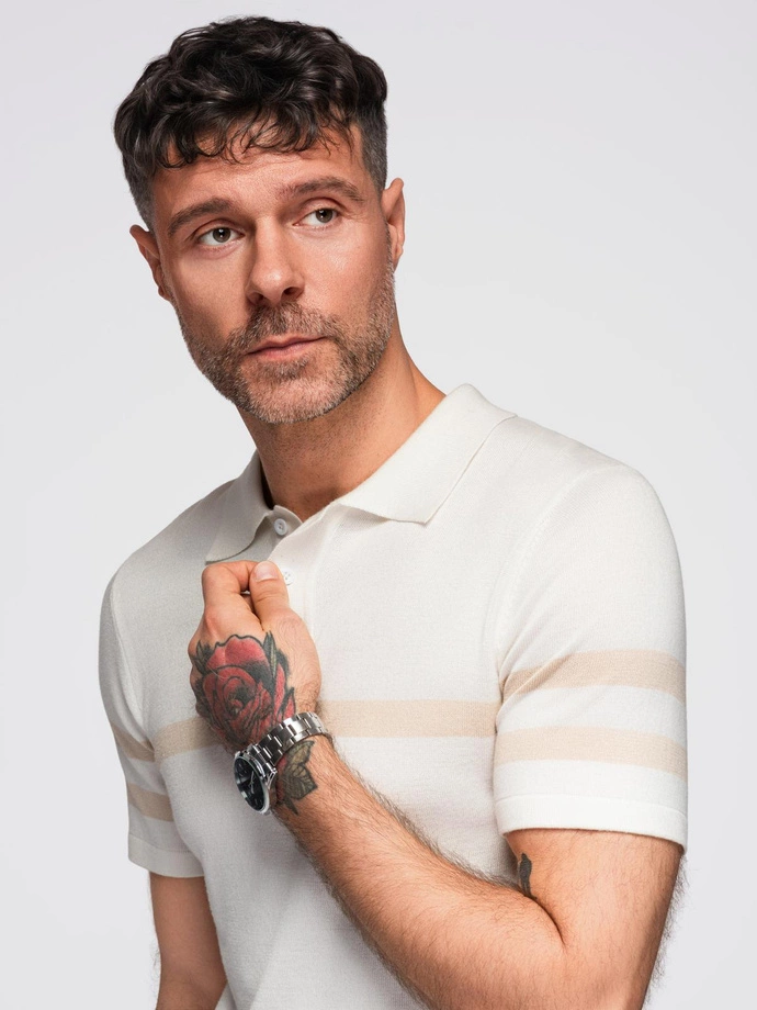 Tricou polo bărbătesc din tricot moale cu dungi contrastante - crem V3 OM-POSS-0118