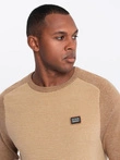 Men's cotton sweater with patch and raglan sleeves - brown V4 OM-SWSW-0121