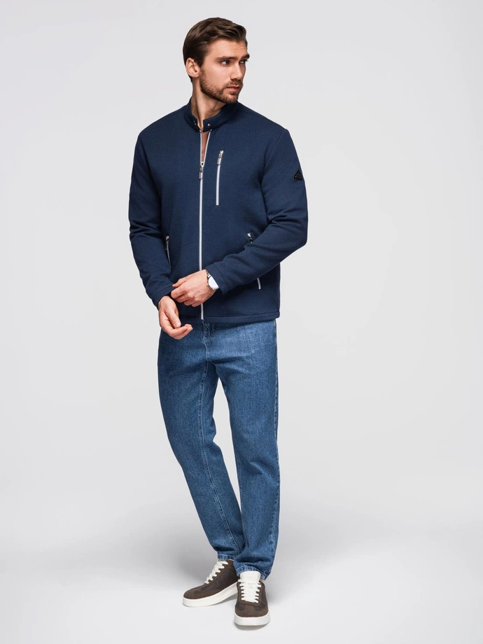 Structured men's biker jacket with stand-up collar - dark blue V1 OM-JANP-0229