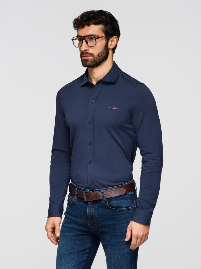 Men's REGULAR cotton shirt with contrasting embroidery - navy blue V2 K697