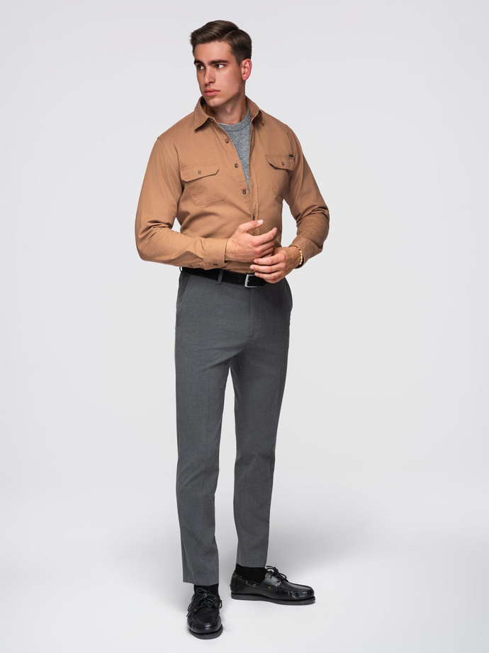 Men's REGULAR FIT cotton shirt with buttoned pockets - camel V2 OM-SHCS-0146