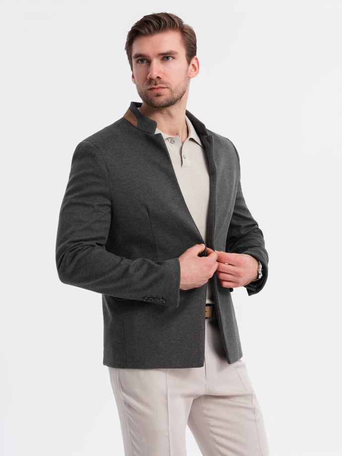 Men's melange rayon jacket with stand-up collar - black melange V5 OM-BLZB-0131