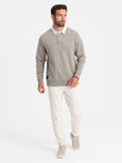 Men's sweatshirt with white polo collar - dark beige V2 OM-SSNZ-0132
