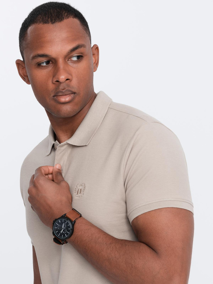 BASIC men's single color pique knit polo shirt - dark beige V5 OM-POBS-0100