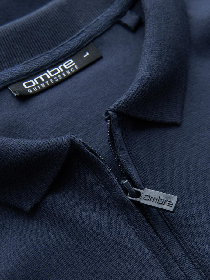 Men's polo longsleeve with zippered collar - navy blue V7 OM-POLS-0130