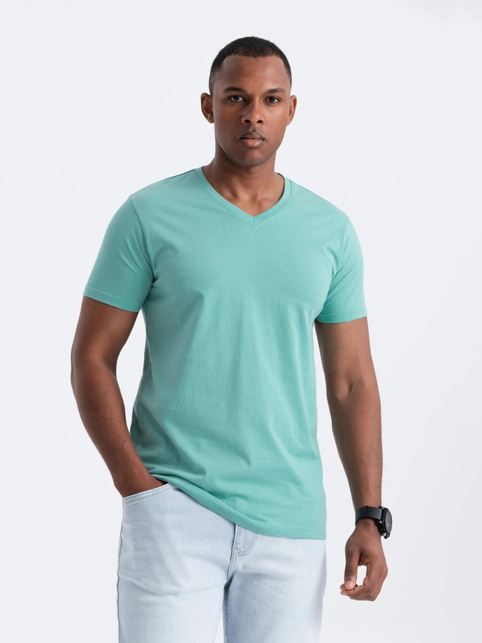 Men's BASIC classic cotton T-shirt with a v-neck - turquoise V15 OM-TSBS-0145