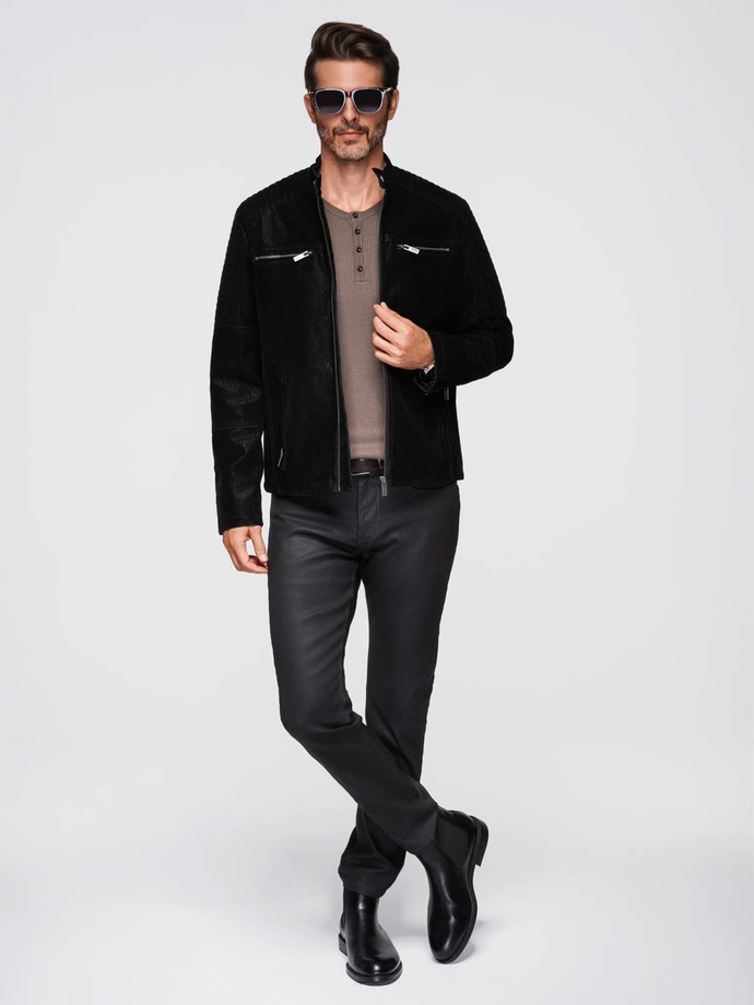 Stylish men's eco leather biker jacket with collar - black V2 C637