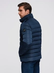 Men's quilted jacket with stand-up collar and chest zips - navy blue V2 OM-JALP-0260