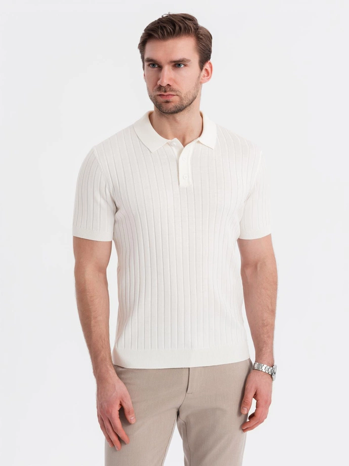 Pánská polokošile SLIM FIT z viskózy se svislými pruhy - broken white V3 OM-POSS-0143