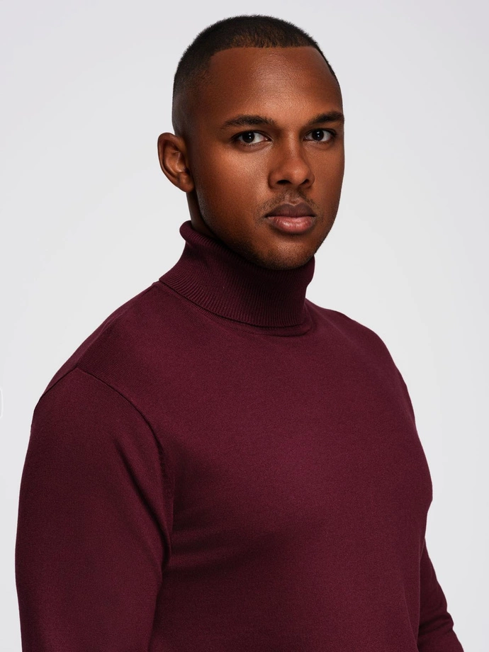 Men's single color knitted turtleneck with viscose - maroon V4 OM-SWTN-0101