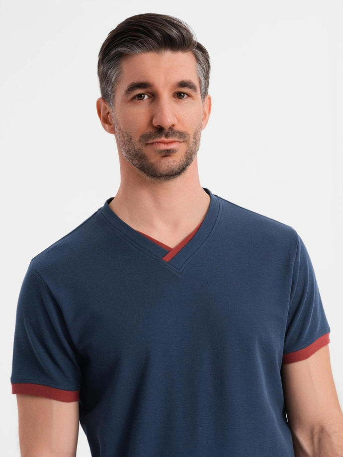 Men's T-shirt with contrasting inserts and v-neck - navy blue V1 OM-TSCT-0198