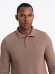 Men's structured polo longsleeve with patch - brown V4 OM-POLS-0131