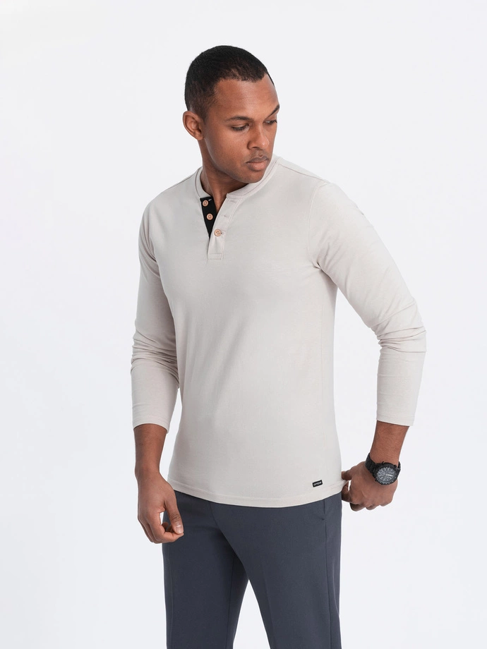 Men's longsleeve with buttons at the neckline - light beige V6 OM-LSCL-0107