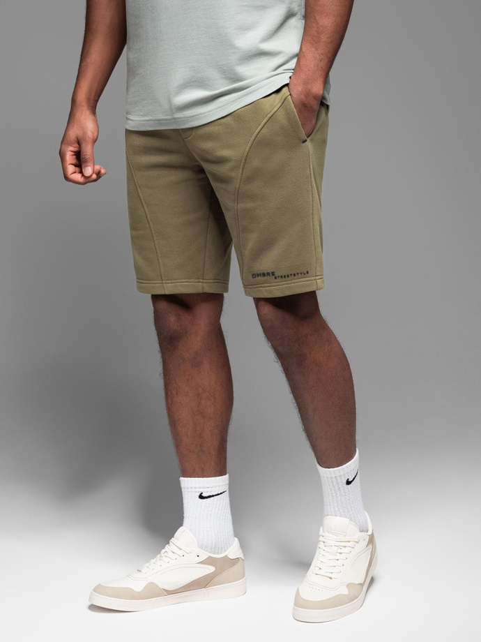 Fitted men's printed short sweat shorts - olive V4 OM-SRSK-0138