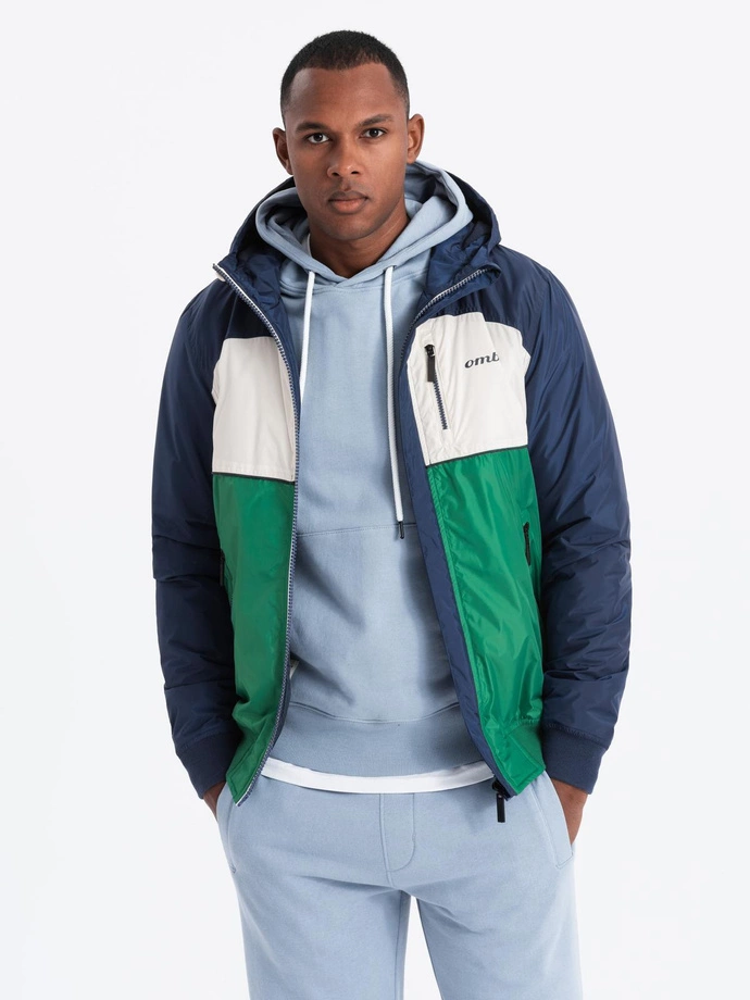 Lightweight colorful men's sports jacket with fleece - green and navy blue V20 OM-JANP-0194