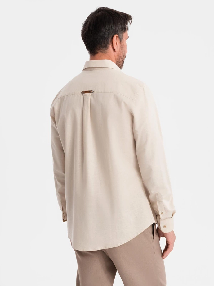 Men's linen shirt with classic collar and pockets REGULAR FIT - cream V3 OM-SHCS-0134