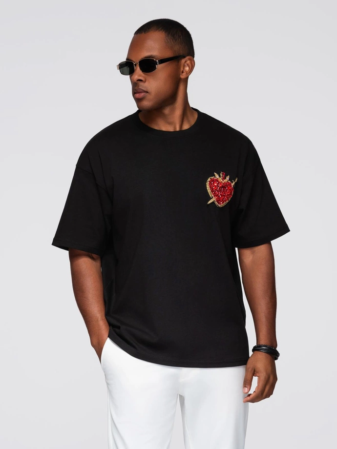 Tricou bărbătesc din bumbac cu aplicații de bijuterii pe piept - negru V1 OM-TSCT-0290