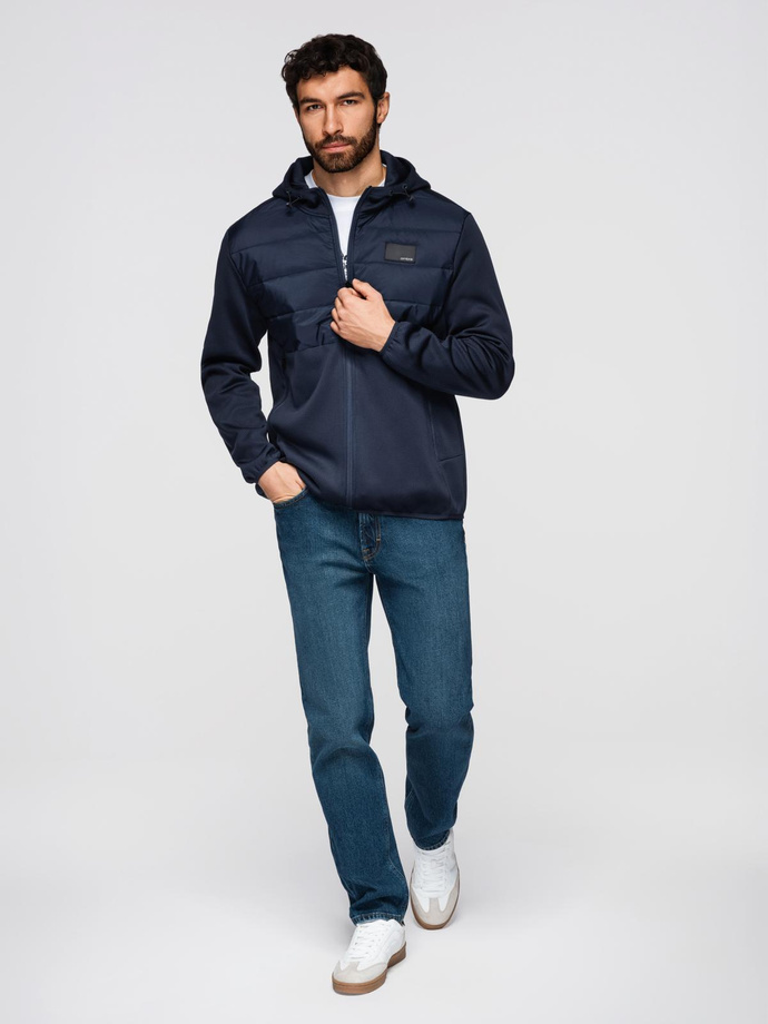 Men's lightweight jacket of combined materials with hood and decorative quilting - navy blue V4 OM-JANP-0160