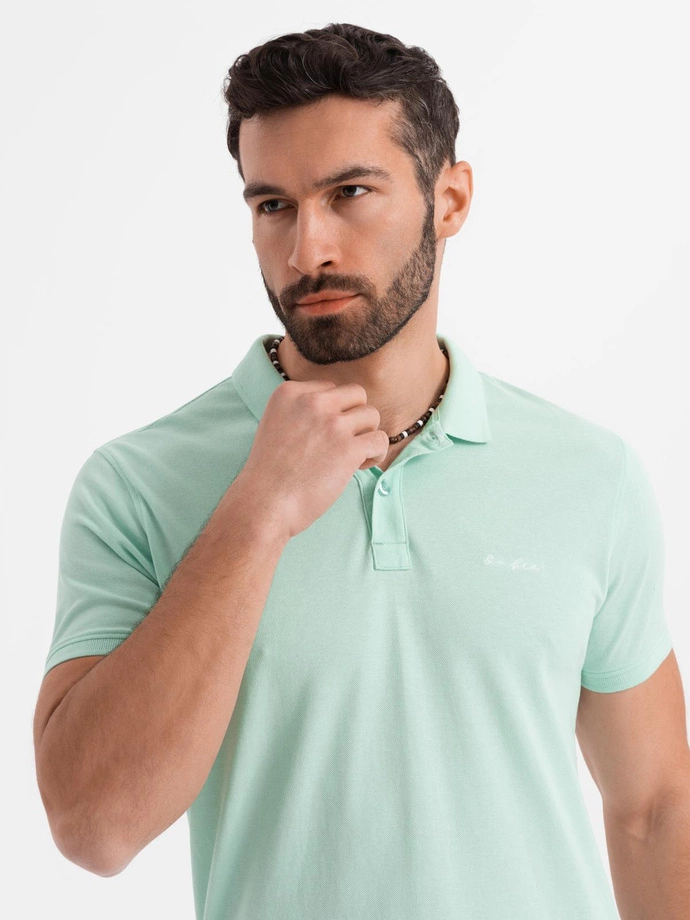 Tricou polo BASIC BASIC pentru bărbați, o singură culoare, din tricot piqué - verde neon V25 OM-POBS-0100