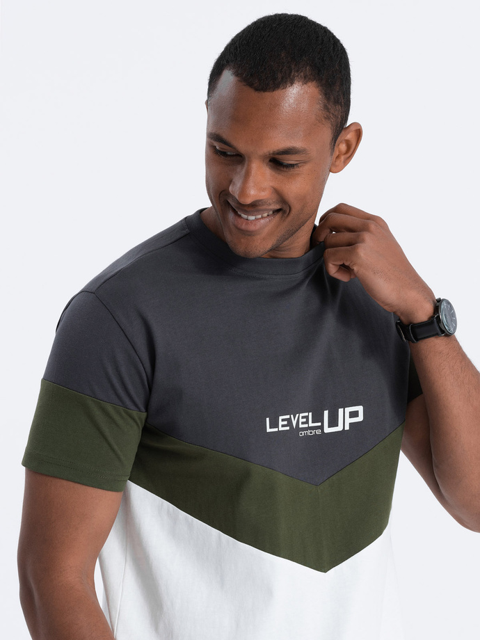 Men's cotton tricolor t-shirt with logo - graphite/olive V9 S1747