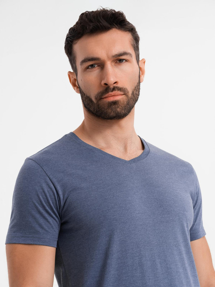 Bumbac clasic pentru bărbați BASIC tricou cu guler în V - maro V10 OM-TSBS-0145
