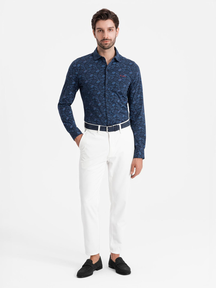 Men's cotton shirt with floral motif - navy blue V1 OM-SHCS-0159