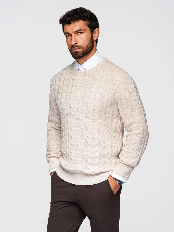Elegant men's sweater with interesting weave - ecru V1 OM-SWSW-0173