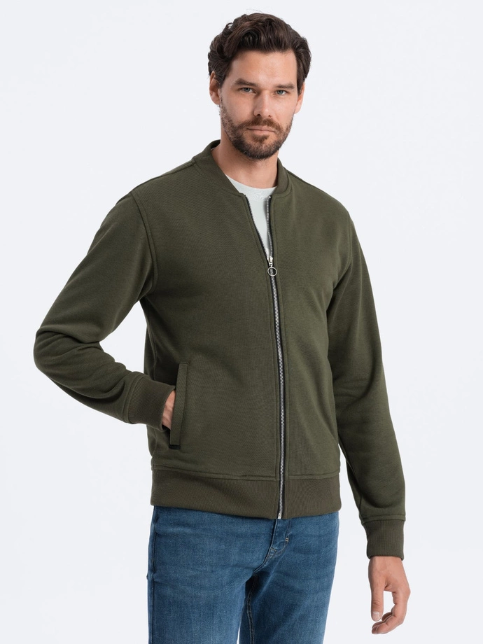 Men's cotton unbuttoned bomber sweatshirt - dark olive V1 OM-SSZP-0125