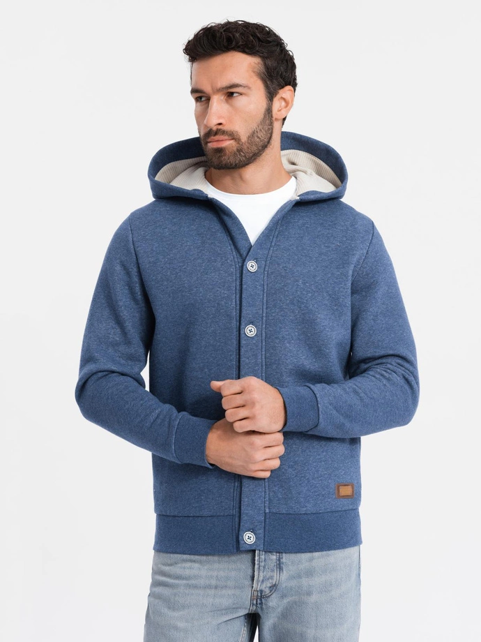 Men's button-down hooded sweatshirt - navy blue melange V1 OM-SSZP-0186