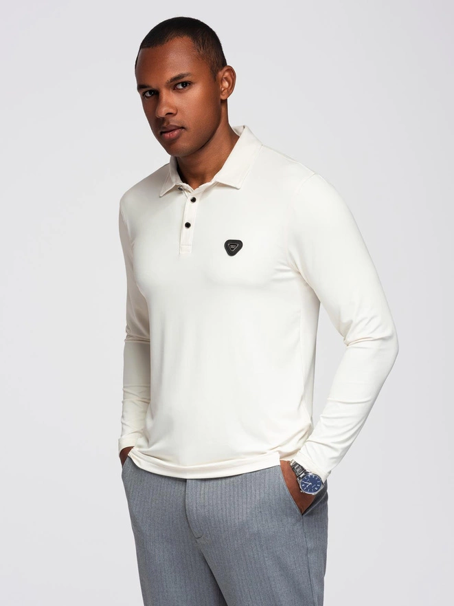 Long sleeve polo shirt with elegant branded buttons - cream V2 OM-POLS-0139
