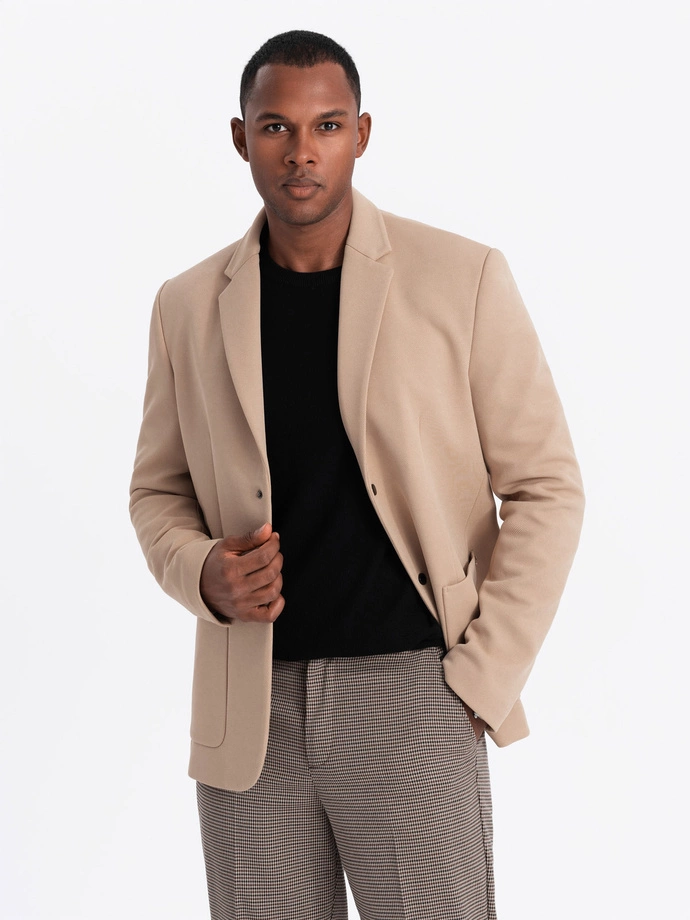 Men's jacket with high collar and hood - light brown V1 OM-BLZB-0133