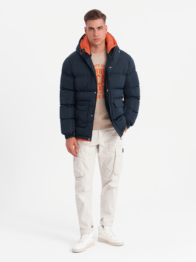 Warm men's sports jacket with double hood - navy blue V2 OM-JAHP-0208