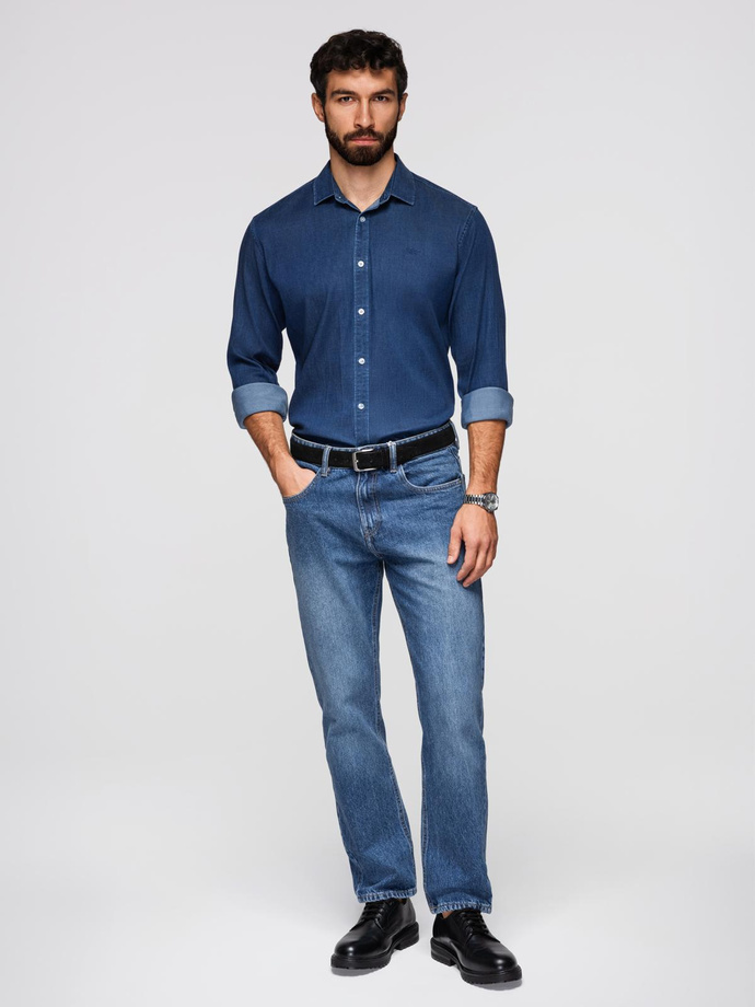 Cămașă bărbătească din bumbac cu model SLIM FIT - albastru marin V6 OM-SHCS-0151