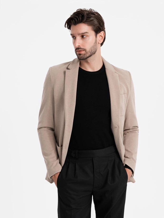 Blazer bărbătesc elegant, din tricot structurat - bej V2 OM-BLZB-0129 