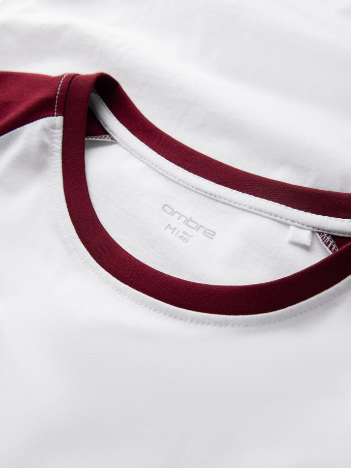 Pánske tričko s dlhým rukávom a kontrastnými raglánovými rukávmi - biele a bordové V2 OM-LSCL-0105